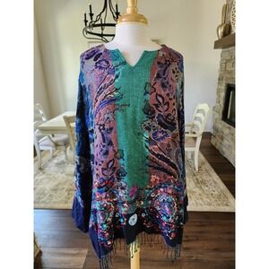 ANU Women Floral Paisley Tapestry Tunic Top Embroidered Fringe Boho Multicolor L